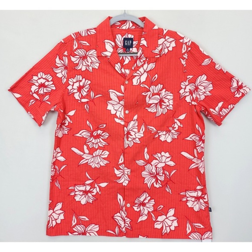 Gap Hawaiian Seersucker Button Up Shirt Floral Cotton‎ Men M White Red Vacy